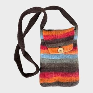 PrAna Striped Wool Boho Felt Crossbody Bag Orange Brown Gray Red Blue